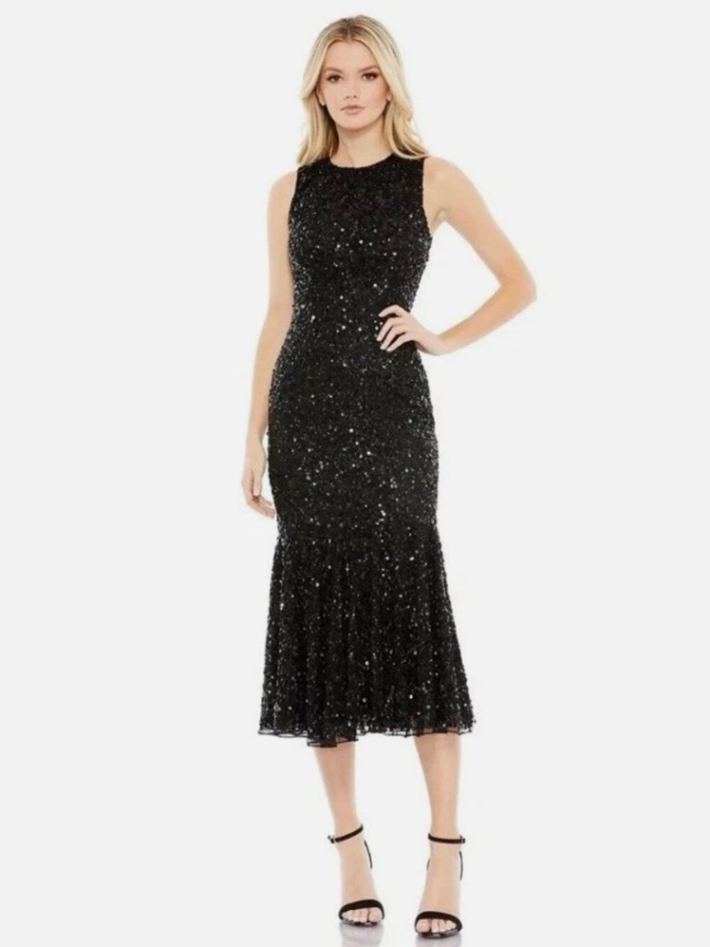 NWT Mac Duggal Black Sequin Midi Mermaid Dress